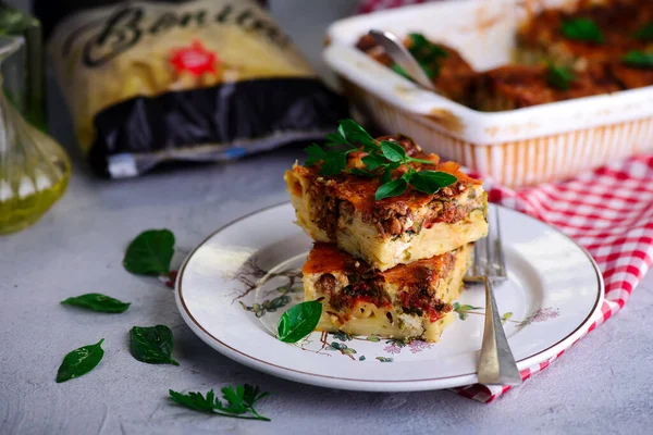 Pasticcio Traditional Greek Casserole Style Rustic Selective Focus — Stock Photo, Image