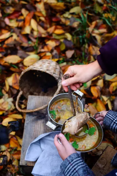 Autumn quail soup with bulgur..style rustic.selective focus — Stock Image Autumn Quail Soup Bulgur Style Rustic Selective Focus Stock Photo