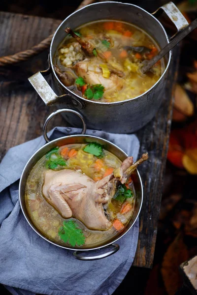 Autumn quail soup with bulgur..style rustic.selective focus — Stock Image Autumn Quail Soup Bulgur Style Rustic Selective Focus Stock Photo