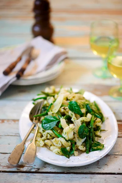 Pasta Mit Grünen Bohnen Kartoffeln Und Pesto Style Vintage Selektiver — Stockfoto