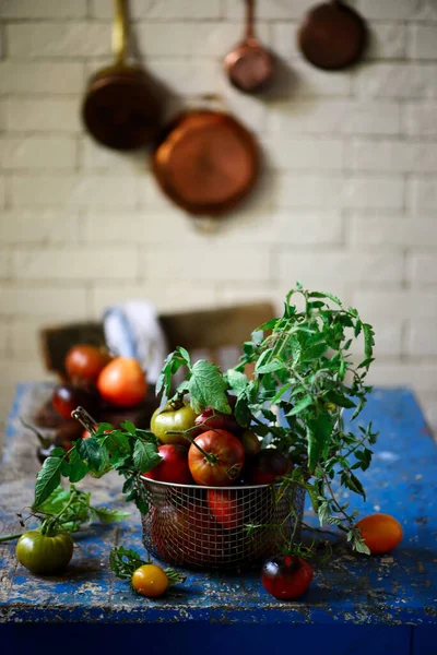 Fresh Ripe Organic Tomatoes Old Basket Rustic Style Selective Focus — Stock Photo, Image