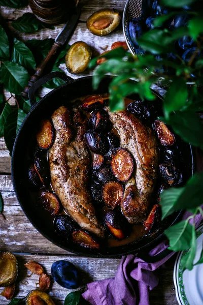 Pork Tenderloin Roasted Plums Style Vintage Selective Focus — Stock Photo, Image