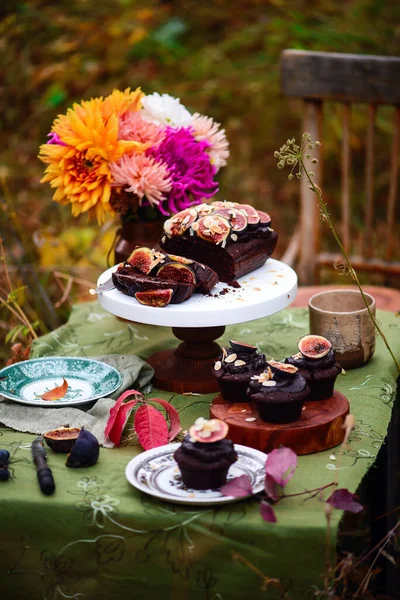 Chocolate Fig Loaf Cake Autumn Forest Style Vintage Selective Focus — Stock Photo, Image