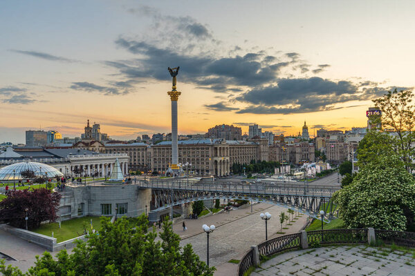 View of Independence Square with dramatic clouds at sunset, Kiev, Kyiv, Ukraine