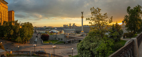 View of Independence Square with dramatic clouds at sunset, Kiev, Kyiv, Ukraine