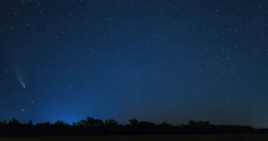 NEOWISE kuyruklu yıldızı yıldızlı gece gökyüzünde Büyük Ayı Takımyıldızı 'nın altında hareket ederek şafak öncesi gökyüzünde incelik gösteriyor. Zaman Uygulaması