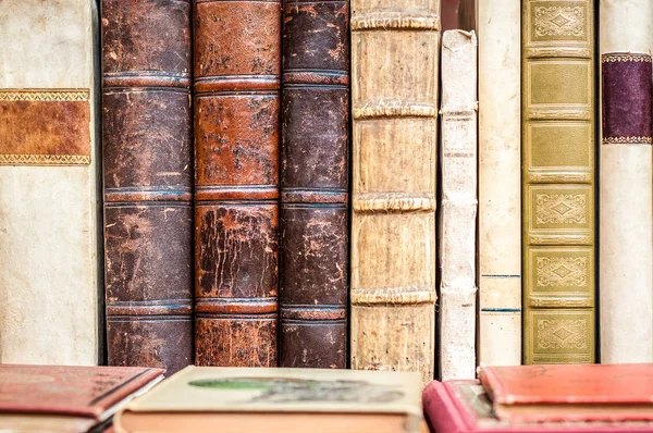 Knihy v řadě. Staré rukopisy. Knihovna starožitných knih — Stock fotografie