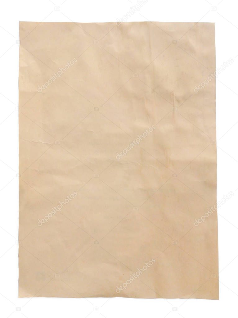 Yellow sheet of vintage old paper on white background, with path, top view