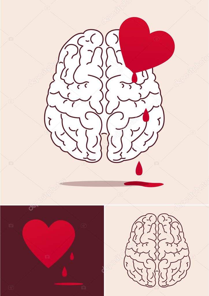 Psychological concept of the brain broken by the heart and the heart with drops of blood.