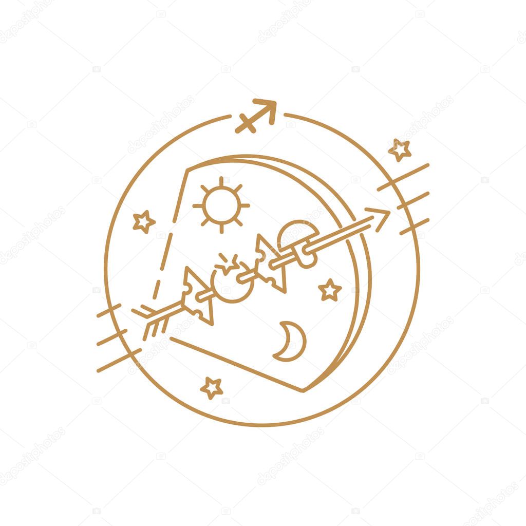 Vector bow and arrow or Sagittarius zodiac sign, logo, tattoo or illustration.  Food horoscope for kids.