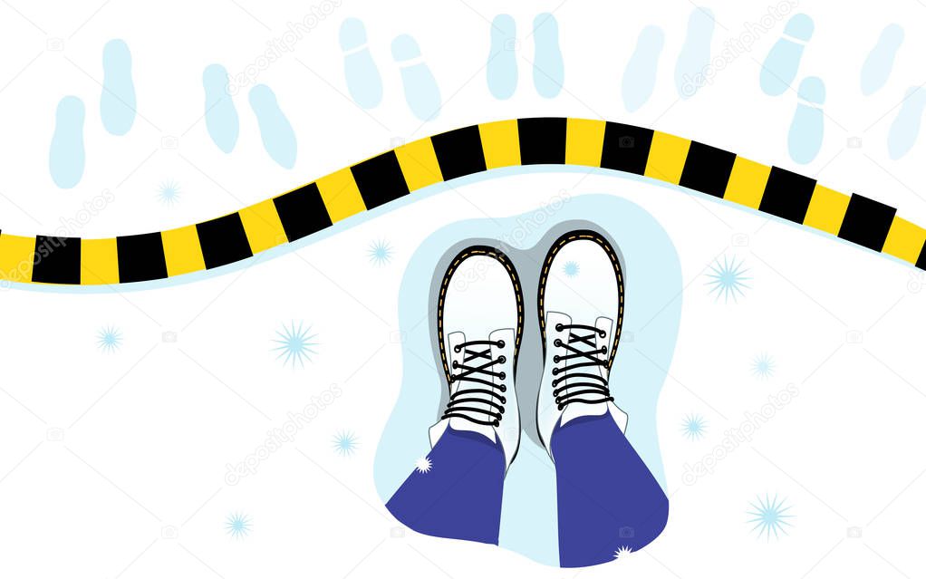 Vector illustration of the top view of the female legs in boots on the snow, stripe, footprints. The psychological concept of personal boundaries, separation, loneliness. Cover or background of the site, web pages.
