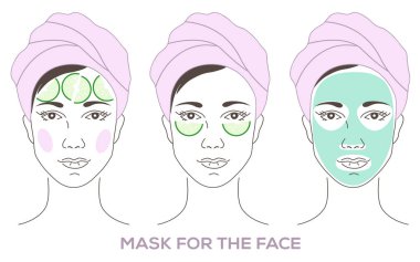 Yüz bir spa salonda bir sarık, bir havlu içinde güzel bir genç kadın. Çizimleri bir dizi kil, alında, gözlerinin altında salatalık maskesi ile masaj satırları.