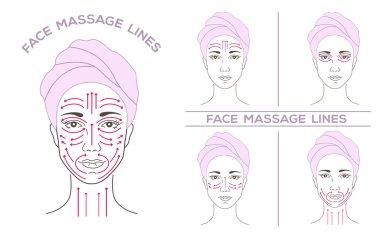 Yüz bir spa salonda bir sarık, bir havlu içinde güzel bir genç kadın. Çizimleri bir dizi kil, alında, gözlerinin altında salatalık maskesi ile masaj satırları.