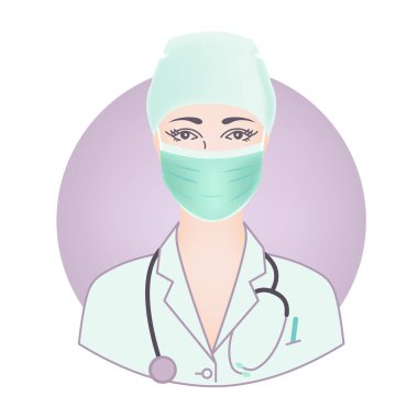 Bir maske, kapağı, bornoz, steteskop ile tıbbi üniforma içinde bir genç kadın doktor yüzü. Simge, sosyal ağlar için avatar sitesi bir daire, vektör görüntü.