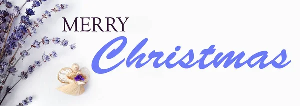 Wesołe Boże Narodzenie Tekst Christmas Anioł Lawendowy Skład Rustykalne Białe — Zdjęcie stockowe