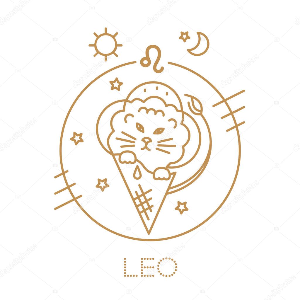 Leo, lion cub, zodiac sign, logo, tattoo or illustration.  Food horoscope for kids