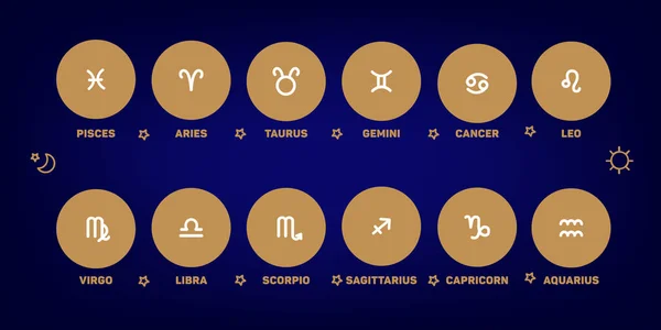 Sinais Vetoriais Zodíaco Círculos Cor Ouro Fundo Azul Previsão Astrológica —  Vetores de Stock