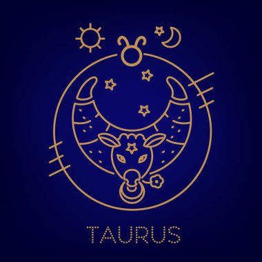 Toros vektör zodyak işaretleri altın renk mavi bir arka plan üzerinde çevrelerde. Astrolojik tahmin, çoklu oturum açma için burç. Logo, dövme veya illüstrasyon. 