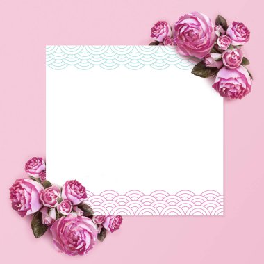 Yaratıcı düzen kompozisyon izole çerçeve çiçek peonies ve pembe bir arka plan üzerinde beyaz bir sayfa. Şablon, davet, afiş, tebrik kartı Doğum günü düğün için güzel doku.