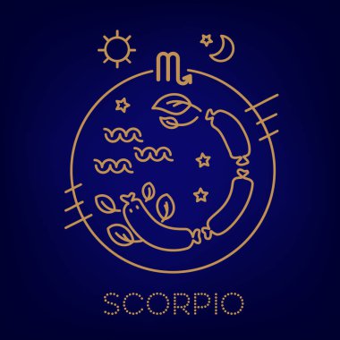 Akrep vektör zodyak işaretleri altın renk mavi bir arka plan üzerinde çevrelerde. Astrolojik tahmin, çoklu oturum açma için burç. Logo, dövme veya illüstrasyon. 