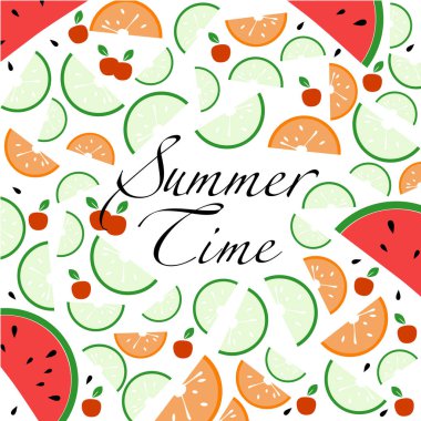 Vektör arka plan ve metin yaz saati, meyve dilimleri, meyveler, meyve suyu sıçramalarına hakkında. Site kapak, afiş, poster, reklam