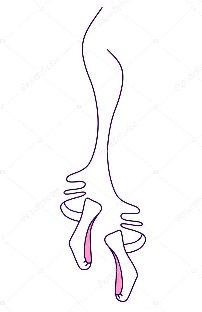 Linear vector logo for a ballet studio. Illustration of female legs in ballet shoes, pointe shoes, ballet shoes on ribbons.