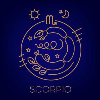 Akrep. Vektör zodyak işaretleri içinde altın rengi mavi arka plan, logo, dövme veya illüstrasyon çember. Astrolojik tahmin, çocuklar için çoklu oturum açma için gıda burç. 