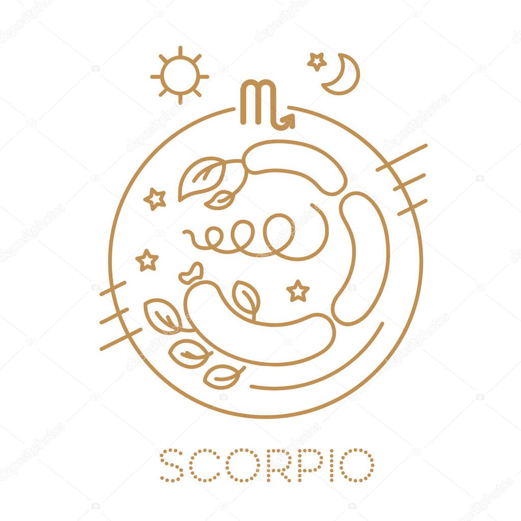 Scorpio. Vector signs of the zodiac in circles of golden color on a white background, logo, tattoo or illustration. Astrological forecast, food horoscope for children for a single sign.