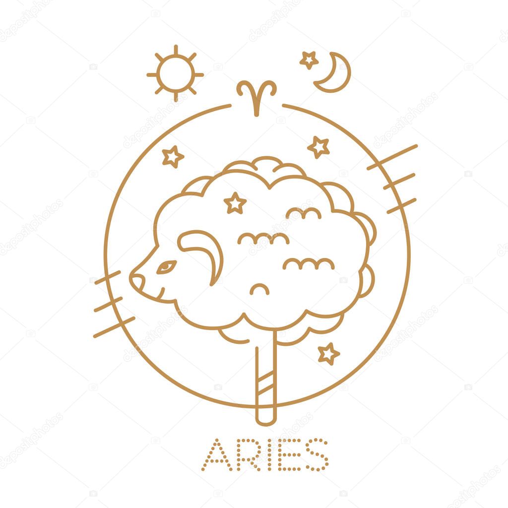 Aries vector sign of the zodiac in circles of golden color on a white background, logo, tattoo or illustration. Astrological forecast, food horoscope for children for a single sign.