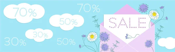 Virágok Papír Virág Transzparens Vágott Felhők Kedvezmény Számok Kék Háttér — Stock Vector