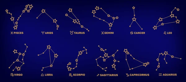 Conjunto Vetorial Signos Zodíaco Estrelas Constelações Cor Dourada Fundo Azul —  Vetores de Stock
