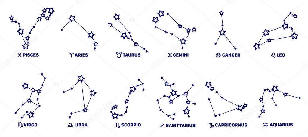Vector set of Zodiac signs, stars, constellations blue color on a white background. Logo, tattoo or illustration. Astrological forecast, horoscope for a single sign.
