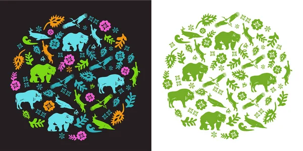 Adorno Multicolor Animales Flores Estilo Popular Sobre Fondo Blanco Negro — Archivo Imágenes Vectoriales