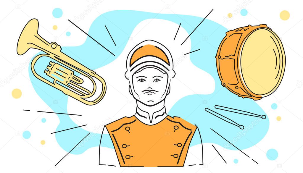 Vector illustration of a military music band, musician in uniform, instruments, drum and sticks, trumpet, percussion and wind instruments  for orchestra play. Element for festival, carnival poster