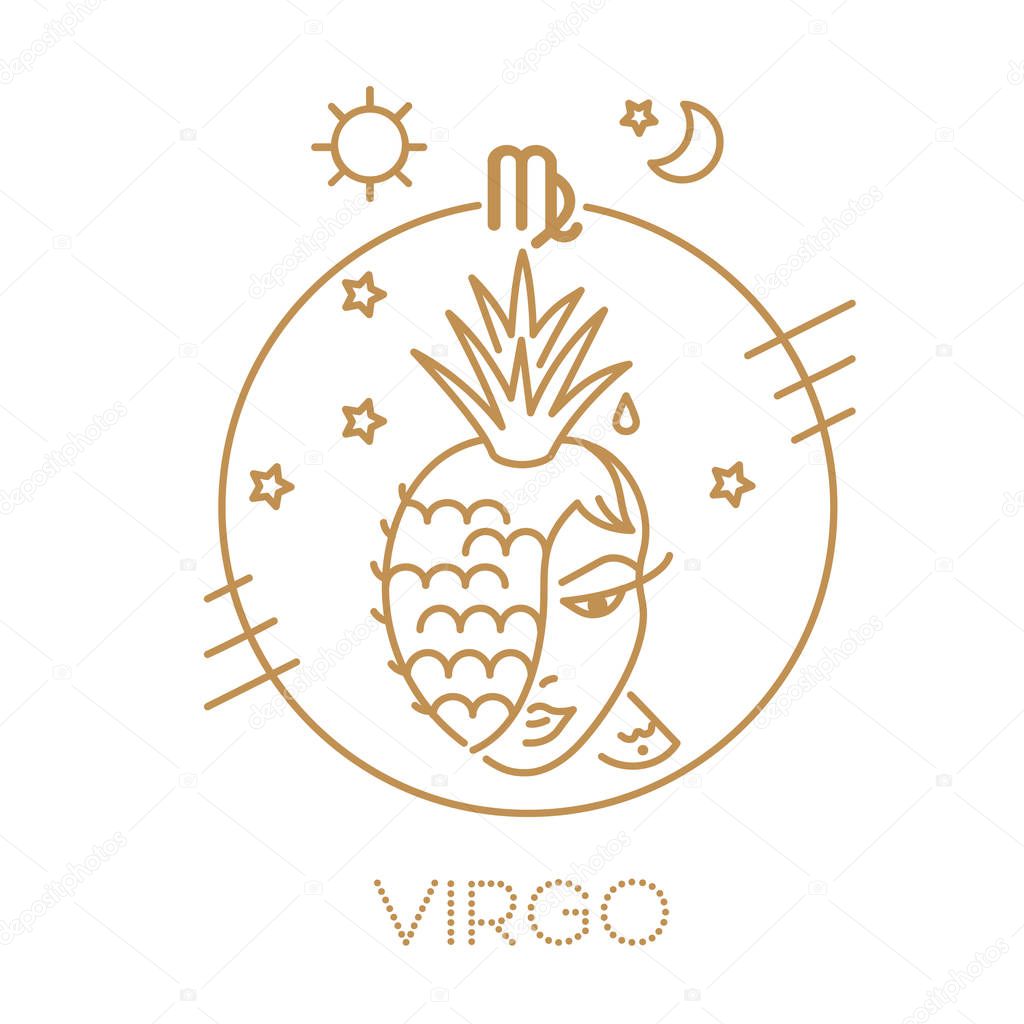 Virgo zodiac golden sign on a white background, logo, tattoo or illustration.  Food horoscope for kids