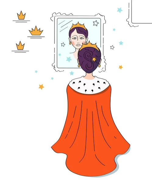 Traurige Prinzessin Königin Goldener Krone Und Rotem Mantel Blickt Das — Stockvektor