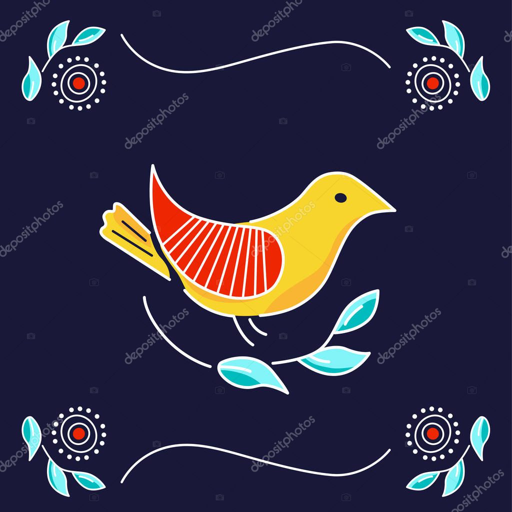 Vector color bird, logo, line art, embroidery pattern, folk motifs, ornament