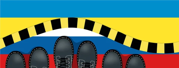 Векторная Иллюстрация Ног Военных Сапогах Границе Украины России Флаги Желтая — стоковый вектор