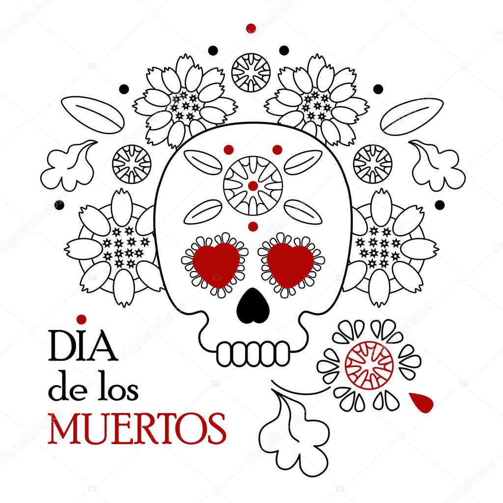 Day of the dead, Dia de los muertos white background, banner and greeting card concept with sugar skull or calavera, flowers and text.