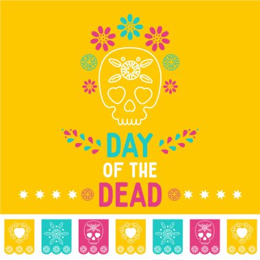 Ölüler günü, Dia de los muertos sarı arka plan, kare pankart, tebrik kartı. Şeker kafatası veya kalavera, çiçekler ve metin ile vektör illüstrasyonu, web sitesi ve sosyal medya kapsamı.