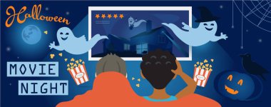 Cadılar Bayramı Film Gecesi, Web sitesinin kapağı için İllüstrasyon. Çocuklar televizyonda korkunç videolar izler, hayaletler, balkabağı, kuzgun, perili ev ve dolunay. Broşür, parti için davet şablonu