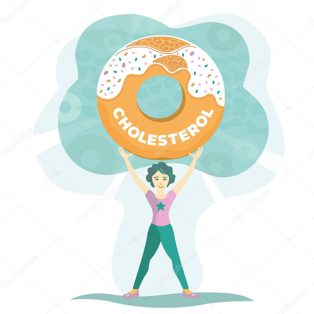 Illustration of a woman in sportswear fights with a big sweet donut and wins. The concept of the dangers of unhealthy diets, cholesterol plaques from sugar and baking.