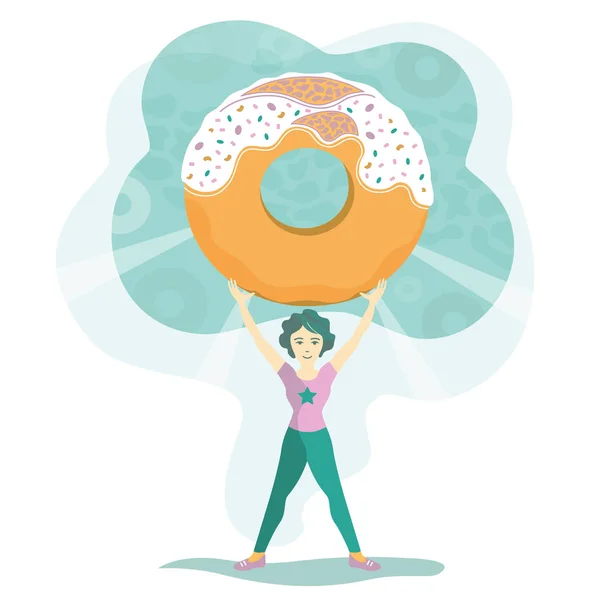 Illustration Woman Sportswear Fights Big Sweet Donut Wins Concept Dangers — Stock Vector