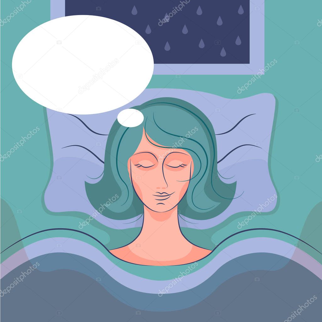 Woman or transgender sleeping on a bed in hospital and dreams. Illustration, poster, banner for psychological article about disease, operation, dreams of summer