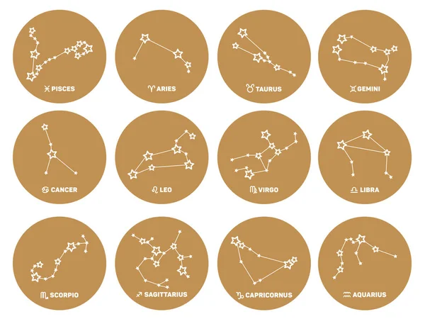 Ensemble Vectoriel Signes Zodiaque Ronds Étoiles Constellations Couleur Dorée Sur — Image vectorielle