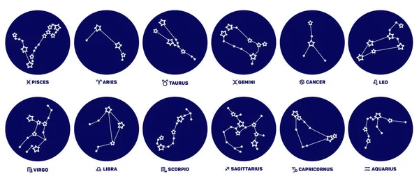 Conjunto Signos Zodíaco Estrelas Constelações Cor Azul Sobre Fundo Branco —  Vetores de Stock