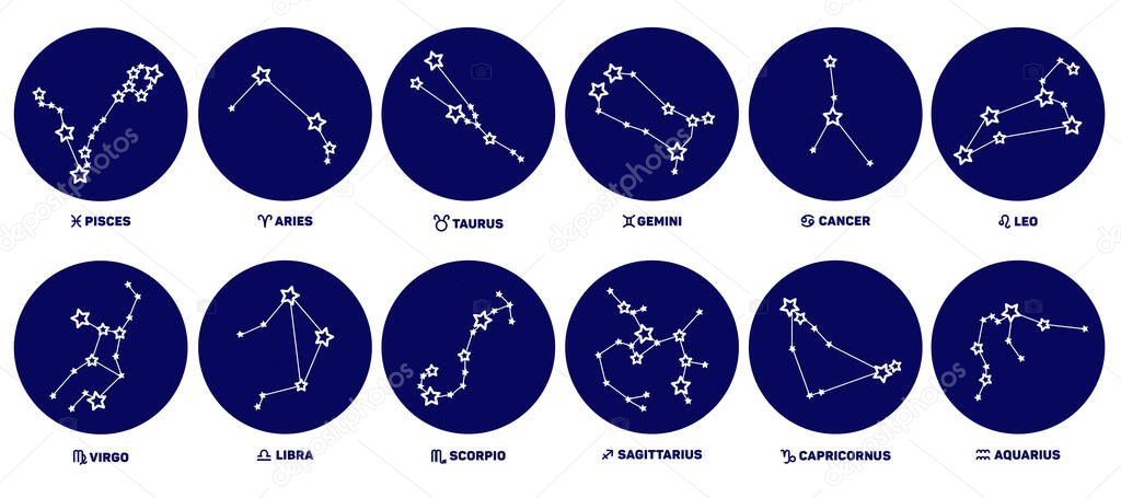 Set of Zodiac signs, stars, constellations blue color on a white background.
