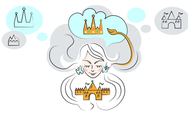 Cartoon illustration of girl with imposter syndrome, sad woman dreaming about crown of queen, princess looks on castle, doubts herself. Leo zodiac sign