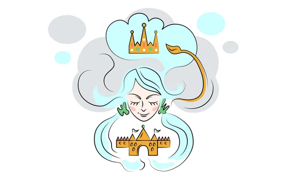 Cartoon Illustration Girl Imposter Syndrome Sad Woman Dreaming Crown Queen — Stock Photo, Image