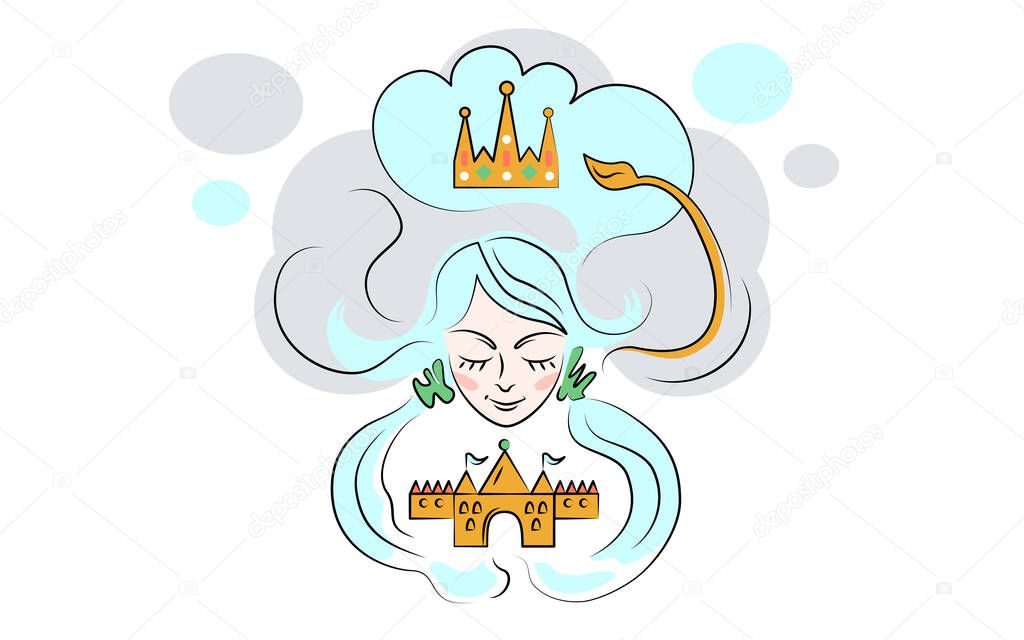 Cartoon vector illustration of girl with imposter syndrome, sad woman dreaming about crown of queen, princess looks on castle, doubts herself. Leo zodiac sign